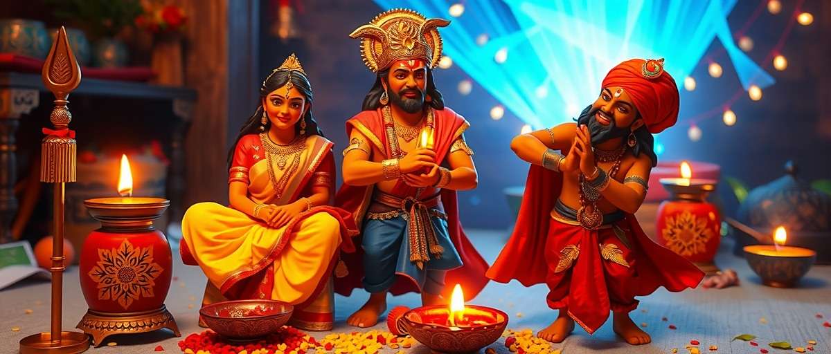 Divine Expedition Diwali event showing Rama, Sita and Lakshmana with festival decorations
