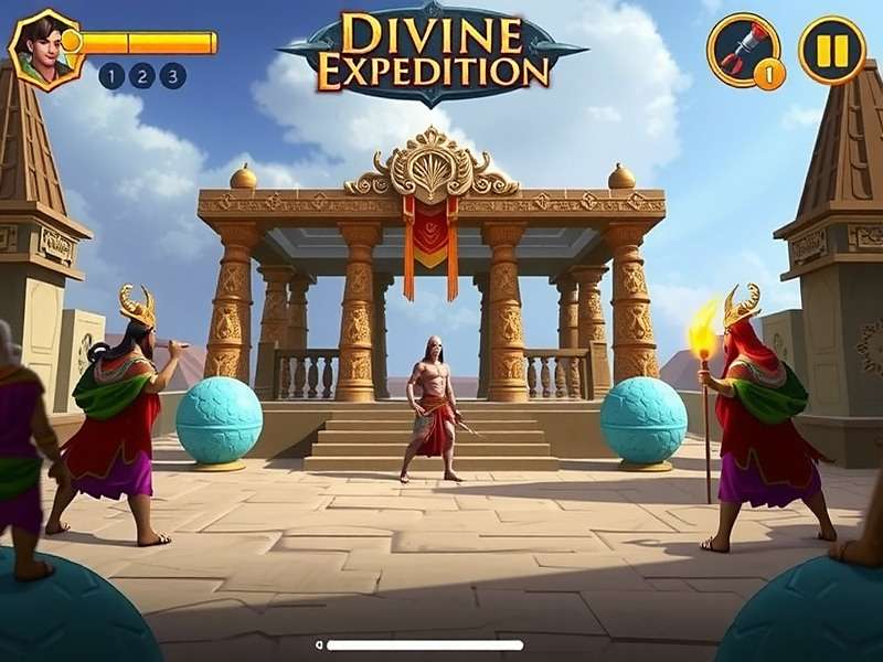 Divine Expedition gameplay showing a temple scene with mythological characters